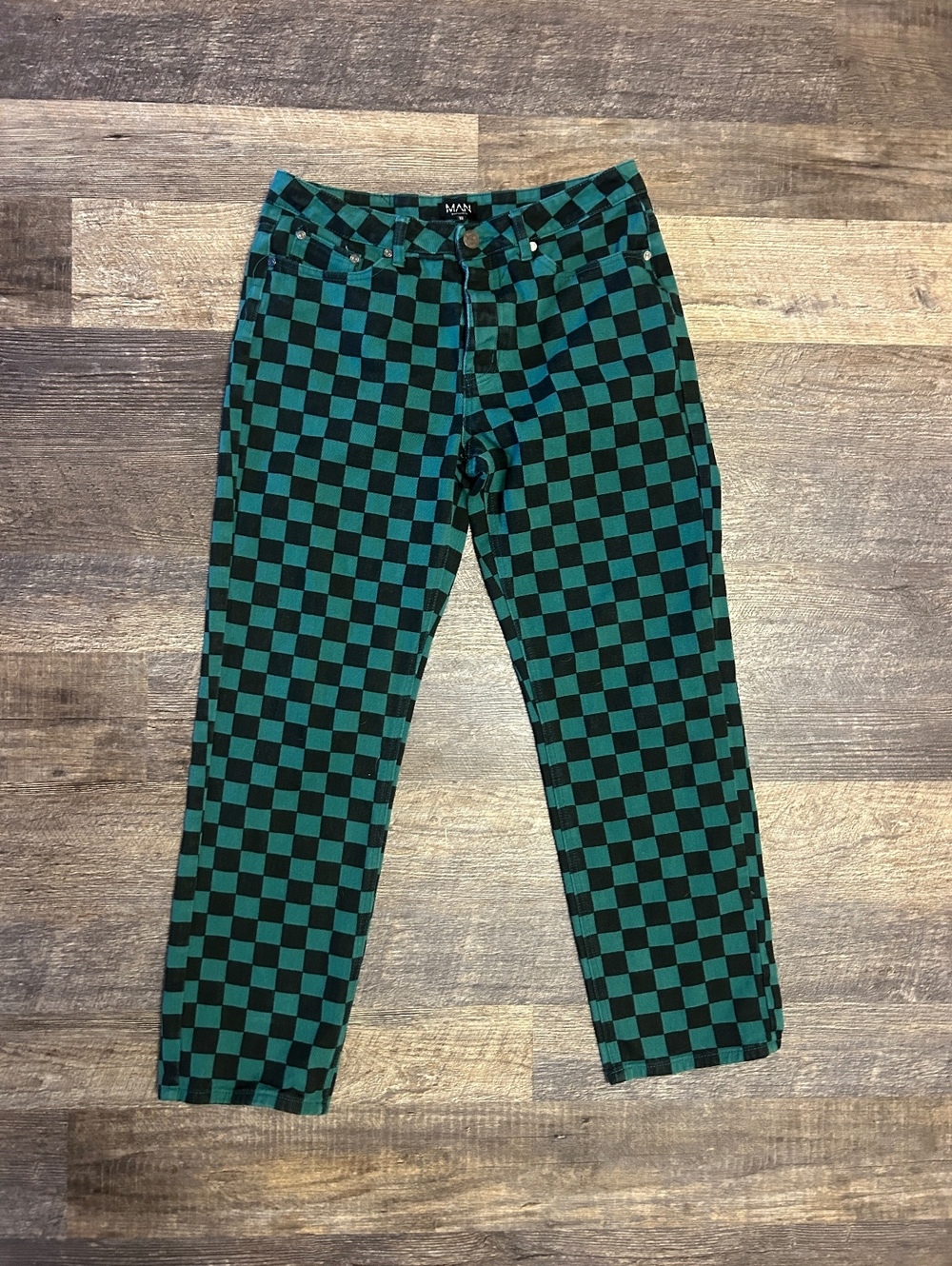 BoohooMAN Checkerboard Jeans Mens 32 Green Black Straight Leg Denim Pants